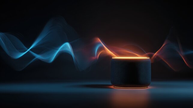 A modern speaker emits colorful sound waves in a dark environment, showcasing a blend of light and sound technology.