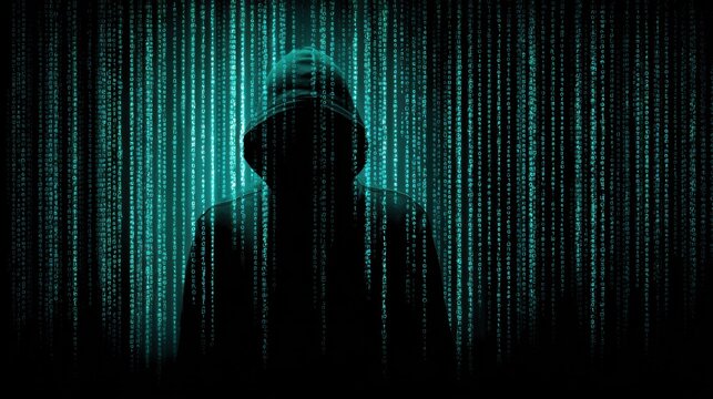 A mysterious figure cloaked in shadows stands amidst a cascade of digital code, embodying the essence of cyber intrigue.