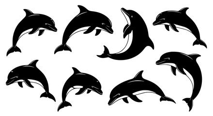 Naklejka premium Vector art of silhouette of dolphins, swimming and jumping in the sea for POD