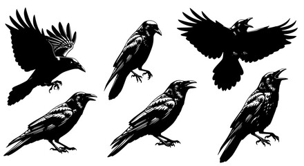 Obraz premium Vector art of collection of crow silhouettes in various poses for POD