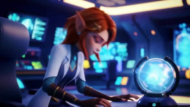 Animated Sci-Fi Elf Scientist Studies Orb of Energy