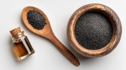 Black Seeds In Wooden Bowl And Spoon With Amber Oil Bottle On White Background