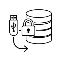 Secure Data Transfer: A graphic representation of secure data transfer, where a USB drive connects to a secure database, symbolizing the safety of information through digital encryption.