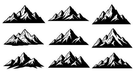 Vector art of set of black and white mountain peak vector illustrations for POD