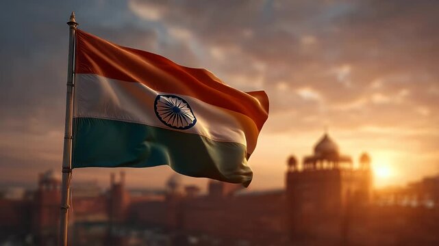 Tricolor Indian flag waving in the wind with a glowing sunrise behind Red Fort