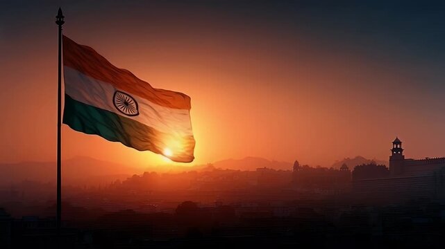 Tricolor Indian flag waving in the wind with a glowing sunrise behind Red Fort