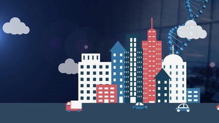 Animation of dna and cartoon city over navy background - Powered by Adobe