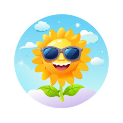 Photogenic Trendy Sunflower Portrait: Isolated Cartoon Character Wearing Sunglasses, Cheerful Summer Design Element.