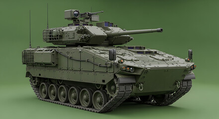 A 3D render of a modern olive drab infantry fighting vehicle with a turret-mounted cannon on a green background.