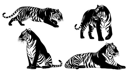 Vector art of collection of tiger illustrations in black and white for POD