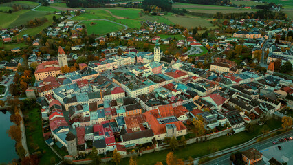 Naklejka premium Aerial view of the city Freistadt in Austria on a very late afternoon in autumn.