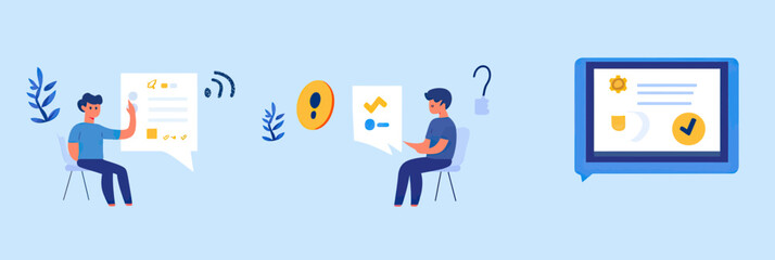 Fototapeta premium Customer feedback concept with satisfied male characters giving review, rating satisfaction, question marks, and digital tablet displaying quality certificate in flat vector style