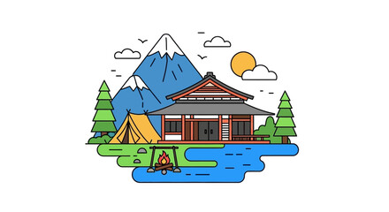 Japanese Temple and Camping Scene with Mountain and Lake Illustration
