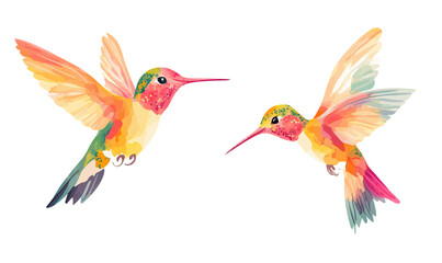 Obraz premium Bright colorful watercolor hummingbirds flying facing each other, vibrant tropical birds illustration in flat minimalist style on white background