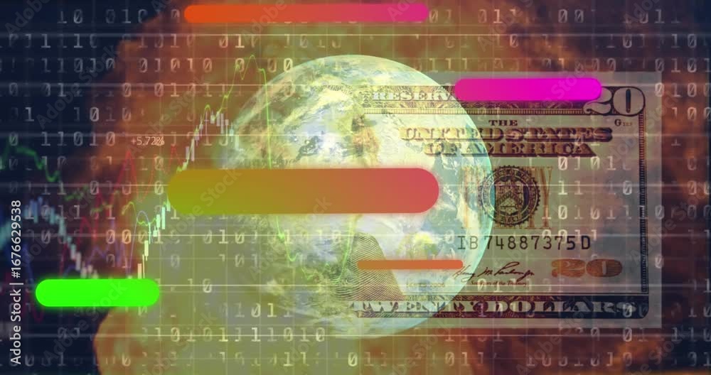 Wall mural animation of colorful tubes, binary code, flames and financial data moving over globe in navy space