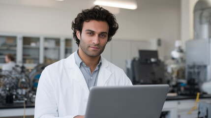 Autonomous Vehicle Testing Lab Portrait of focused Middle Eastern male software engineer wearing lab coat working on laptop while autonomous vehicle sensors and LIDAR systems undergo calibra