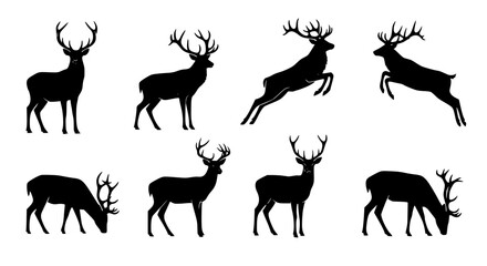 Fototapeta premium Vector art of collection of deer silhouettes in different poses for POD