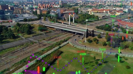 Animation of financial data and graphs over cityscape - Powered by Adobe
