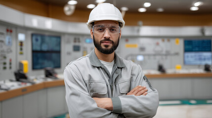 Chemical Process Control Confident Middle Eastern male chemical engineer wearing safety equipment operating distributed control system (DCS) for chemical reactor monitoring. Industrial contr