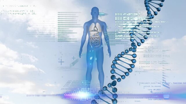 Animation of dna strand and human brain over data processing - Powered by Adobe