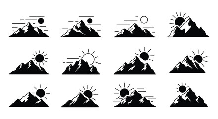 Mountain silhouettes with various weather conditions and sun positions