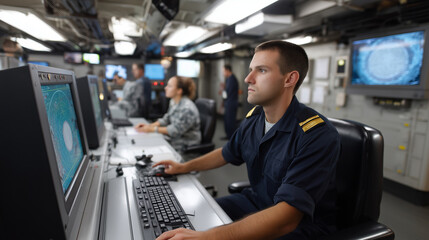 Naval Combat Information Center Maritime tactical team coordinating fleet operations in ship's combat center with radar displays and communication systems. Professional naval command environ