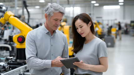 Autonomous Vehicle Sensor Production Professional Hispanic male operations director and Asian female technical lead collaborating with digital tablet while overseeing robotic assembly of LID