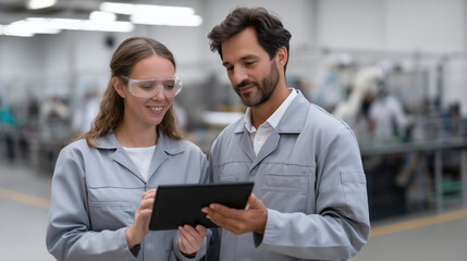 PCB Assembly Automation Professional Middle Eastern female production supervisor and Hispanic male quality engineer analyzing throughput metrics on mobile device while observing high-speed p