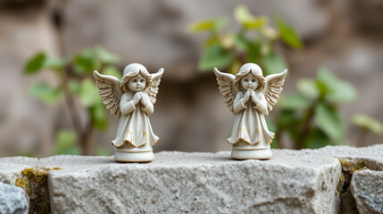 Obraz premium Two miniature angels on a stone wall