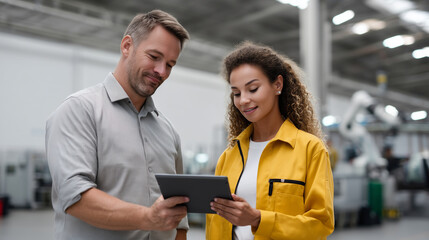 Automotive Paint Shop Automation Confident Caucasian male supervisor and African American female quality engineer discussing production metrics on tablet computer while observing robotic pai