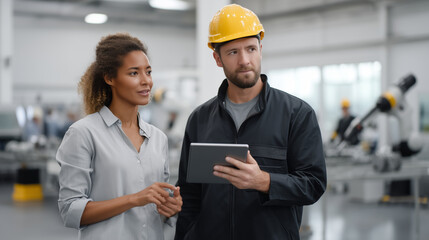 Hybrid Powertrain Integration Experienced African American female manufacturing engineer and Caucasian male automation specialist reviewing production schedules on tablet while monitoring ro