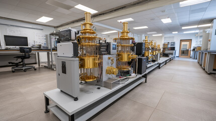Quantum Computing Energy Optimization Center Dilution refrigerator system housing quantum processors at millikelvin temperatures with golden quantum coherence preservation chambers. Advanced