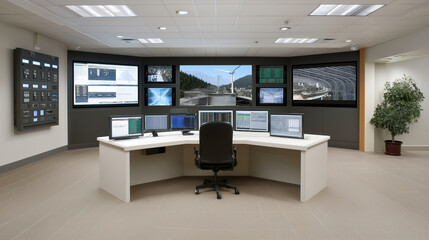 Smart Grid Control Center Mission-critical power grid operations center with real-time monitoring displays, automated load balancing systems, and renewable energy integration interfaces. Adv