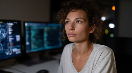 Cybersecurity Specialist A woman with a focused gaze sits in a dark room, illuminated only by multiple monitors with scrolling lines of code, one screen shows a complex 3D model of a digital