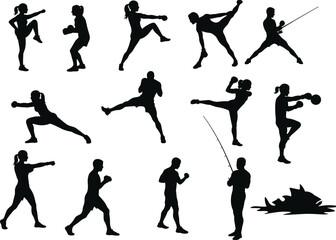 Silhouettes of people practicing martial arts, boxing, kickboxing, fishing, sport activities, fitness, training, outdoor hobby, flat vector illustration