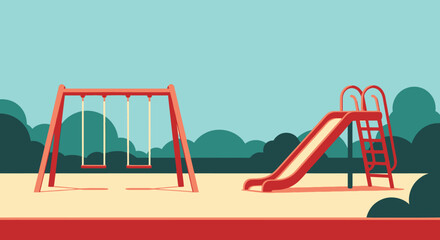 Fototapeta premium Retro Playground Scene with Red Swings and Slide Against Teal Sky
