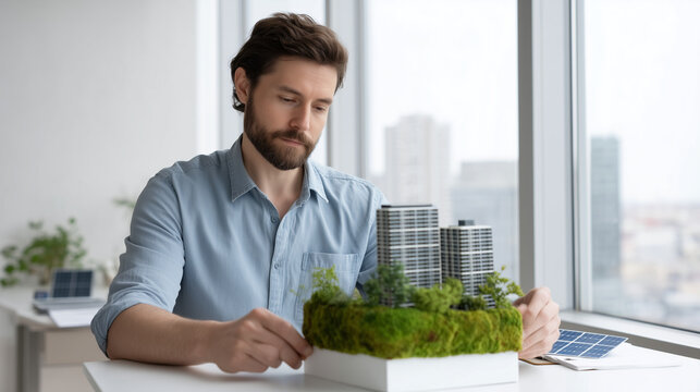 Eco-Building Architect A man at his desk examines an architectural model of a building with green walls and solar panels on the roof, a futuristic city is visible through the window, with co