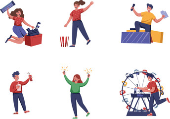 A diverse set of happy cartoon people at a funfair, enjoying carnival attractions, food, and festival entertainment, isolated flat vector characters