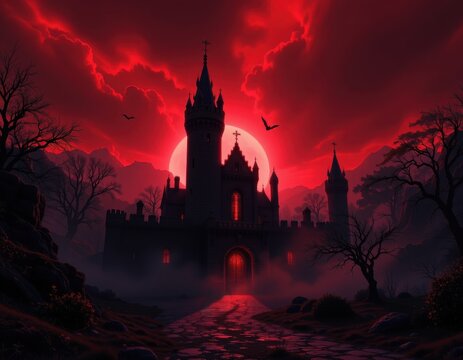 haunted castle silhouetted against red sunset, long shadows from towers stretching across the courtyard, mist curling around the walls, atmosphere filled with mystery and dread