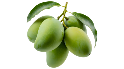 Vibrant bunch of fresh green mangoes with leaves, perfect for healthy eating and tropical themes