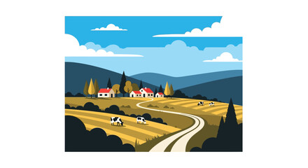 Serene rural landscape with grazing cows, winding road, and quaint farmhouses