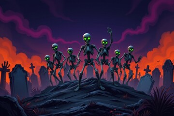 skeletons rising from grave, black ground, dark purple sky, orange fog, glowing green eyes, twisted tombstones, cinematic halloween illustration, spooky horror mood.