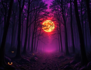 creepy forest path, orange moonlight through black trees, purple fog, glowing green eyes hiding in shadows, eerie cinematic perspective, halloween horror aesthetic.