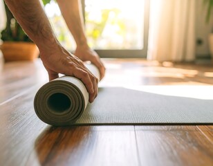 Man Rolling Yoga Mat Home