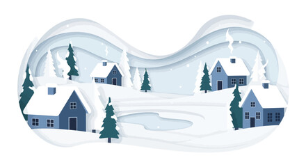 Fototapeta premium Snowy Village Scene with Blue Houses and Evergreen Trees in Winter