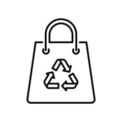 Sustainable Shopping Icon: A minimalist, black outline of a reusable shopping bag prominently displaying the recycling symbol.
