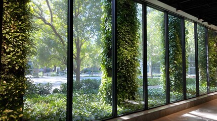 Modern interior space showcasing a tranquil courtyard through expansive windows, with vertical green walls.
