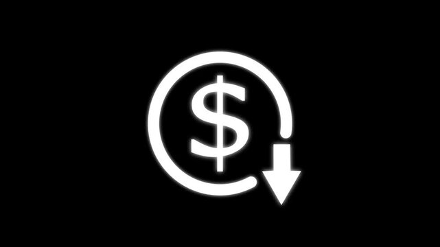 Money reduction icon. Dollar currency price drop concept. circle with down arrow moving animation. dollar down icon symbol. Money reduction icon. circle with down arrow moving animation.