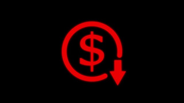 Money reduction icon. Dollar currency price drop concept. circle with down arrow moving animation. dollar down icon symbol. Money reduction icon. circle with down arrow moving animation.