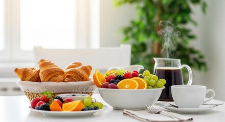 A breakfast spread on a white table, featuring croissants, fruit, and coffee